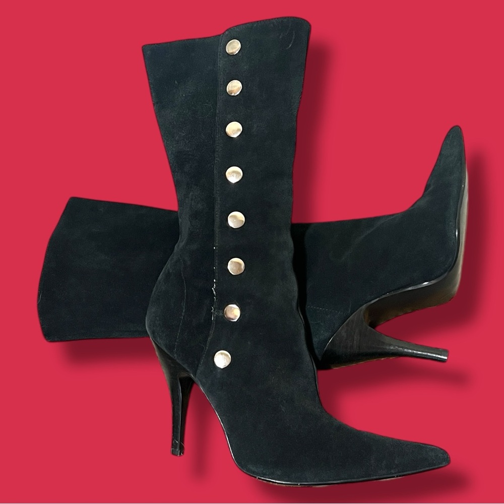 90s VINTAGE Benetar Rocker Black Suede Pointy Toe Boots Alternative Alt-Style